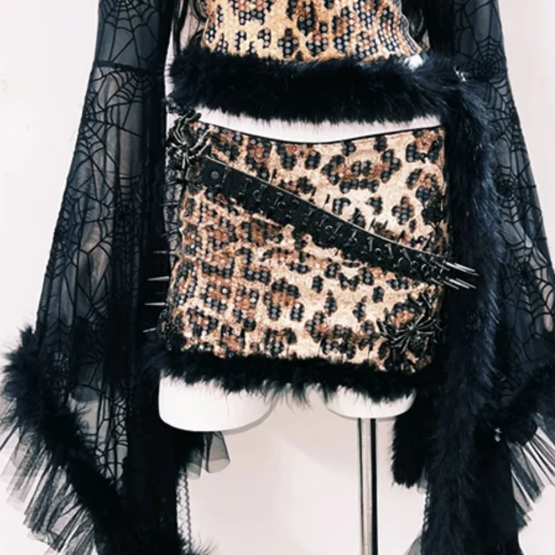 Leopard print glitter long sleeve spider applique mini skirt set - Image 6