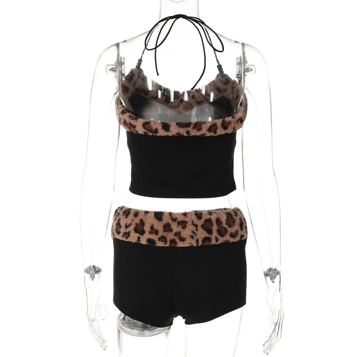 Leopard print halter fluffy beaded short pant set - Image 5