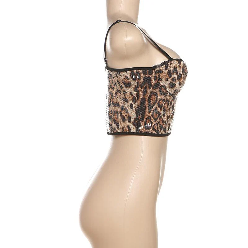Leopard print lace hem glitter cami crop top - Image 3