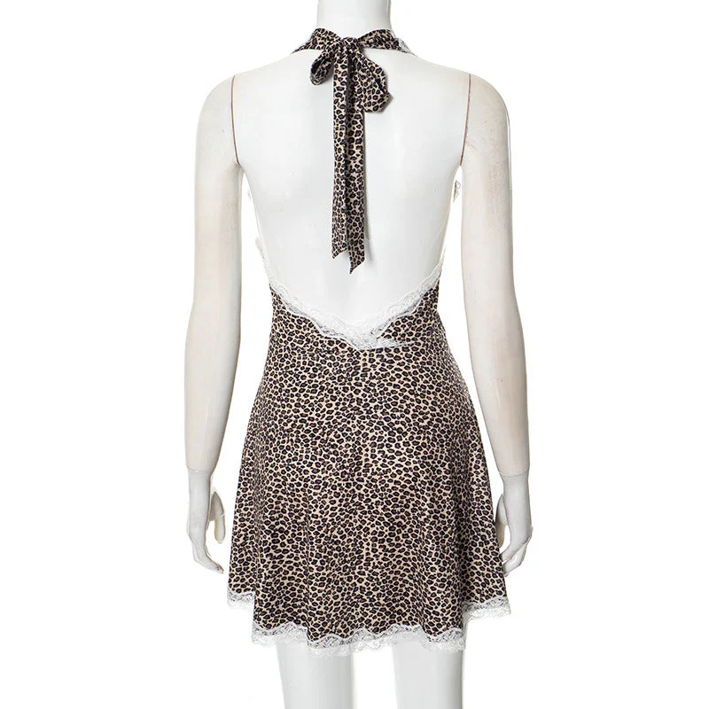 Leopard print lace hem halter v neck mini dress - Image 5