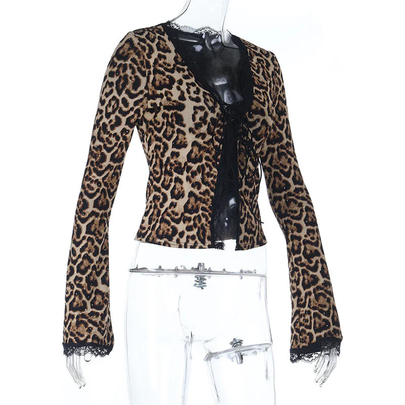 Leopard print lace hem v neck long sleeve self tie top - Image 2