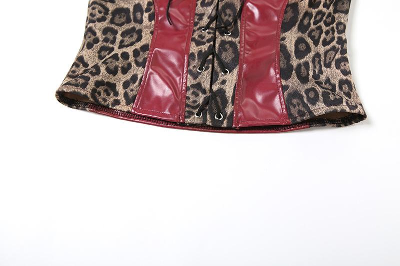Leopard print lace up PU leather patchwork tube top - Image 10