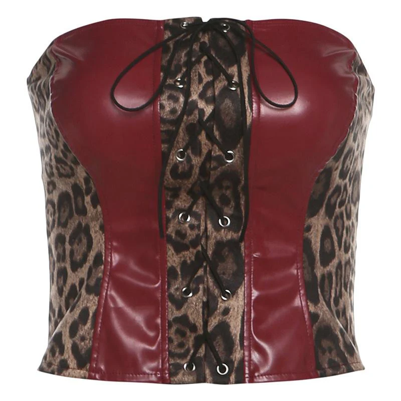 Leopard print lace up PU leather patchwork tube top - Image 2