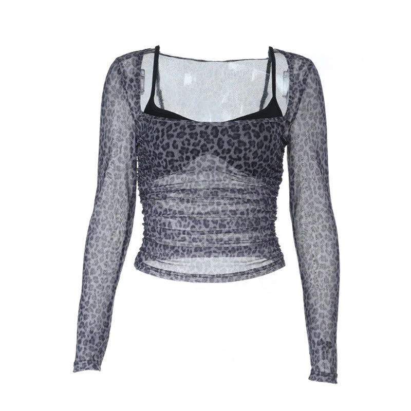 Leopard print long sleeve ruched u neck top
