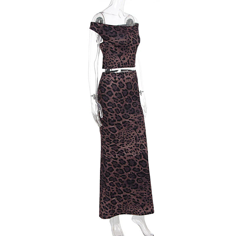 Leopard print off shoulder lace up maxi skirt set - Image 3
