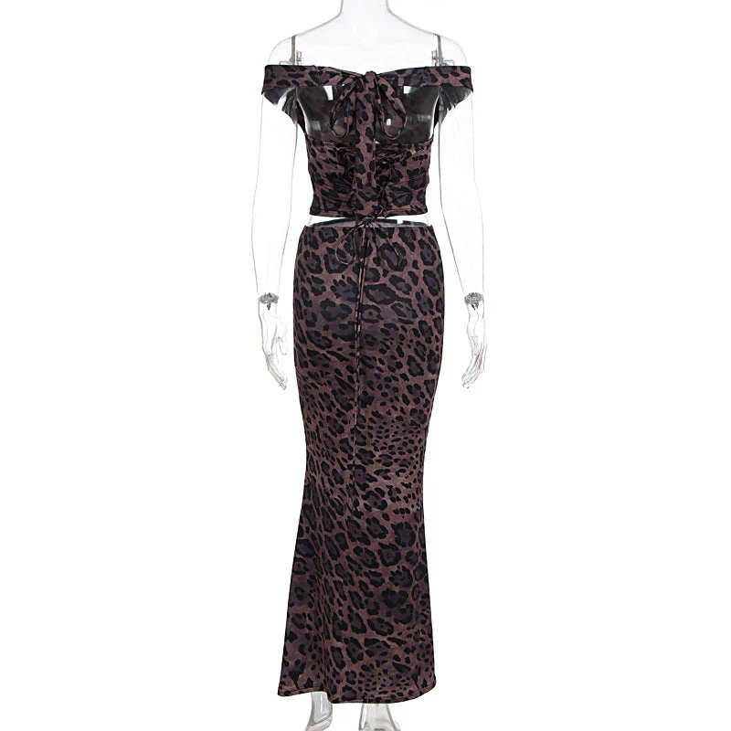Leopard print off shoulder lace up maxi skirt set - Image 4