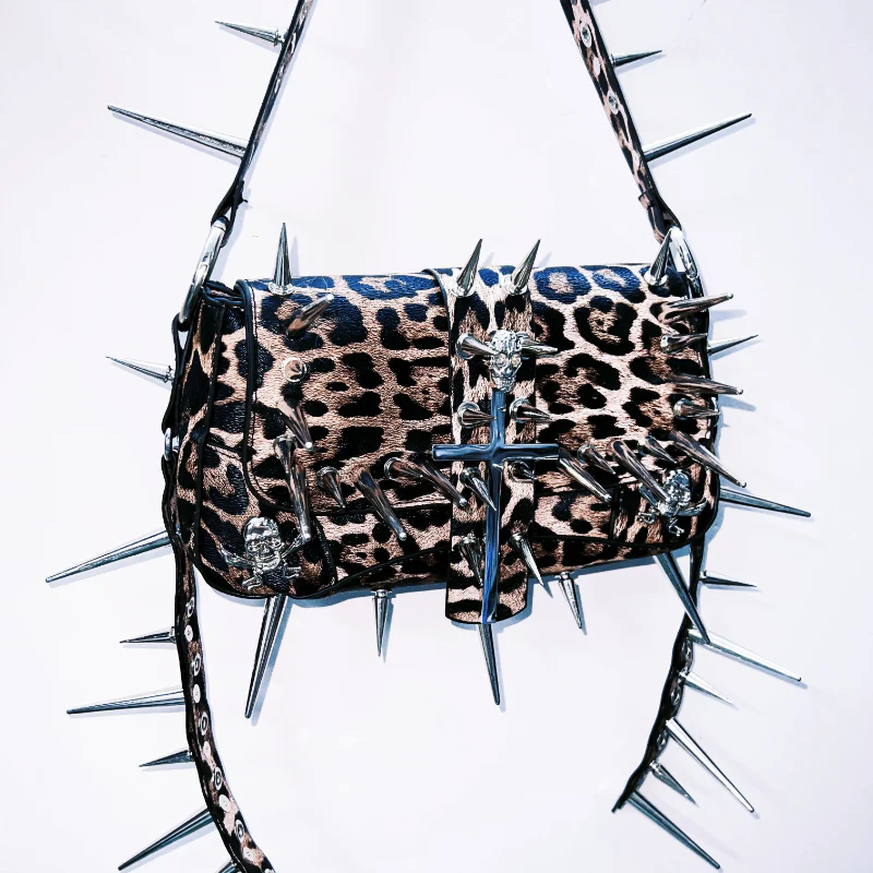 Leopard print rivet cross applique crossbody purses bag - Image 3