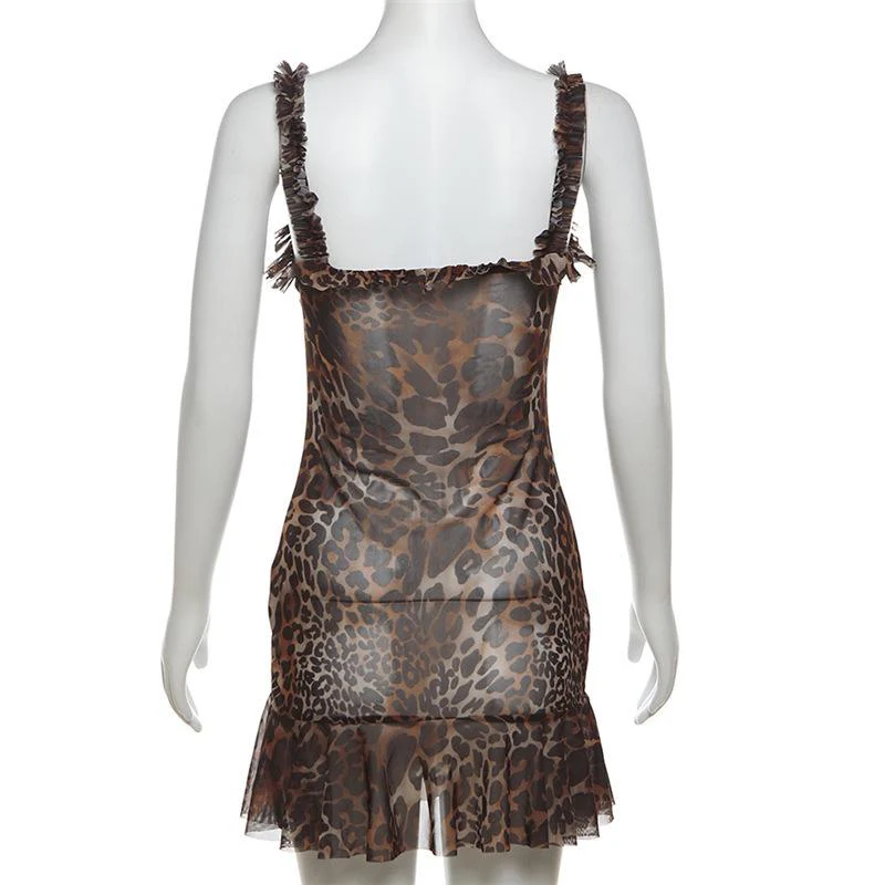 Leopard print v neck ruffle mesh cami mini dress - Image 4