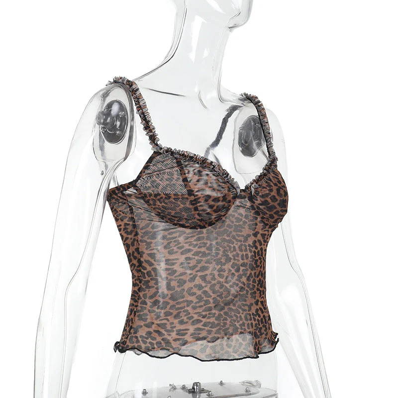 Leopard print v neck sheer mesh ruffle top - Image 3