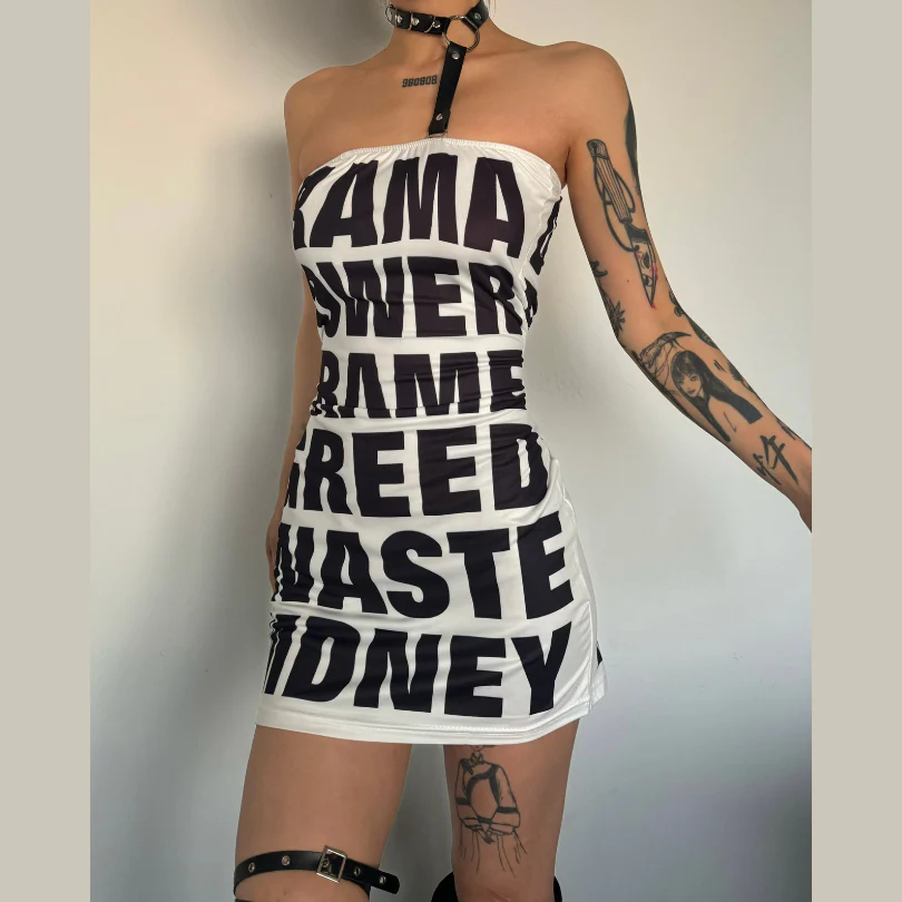 Letter print backless contrast tube mini dress