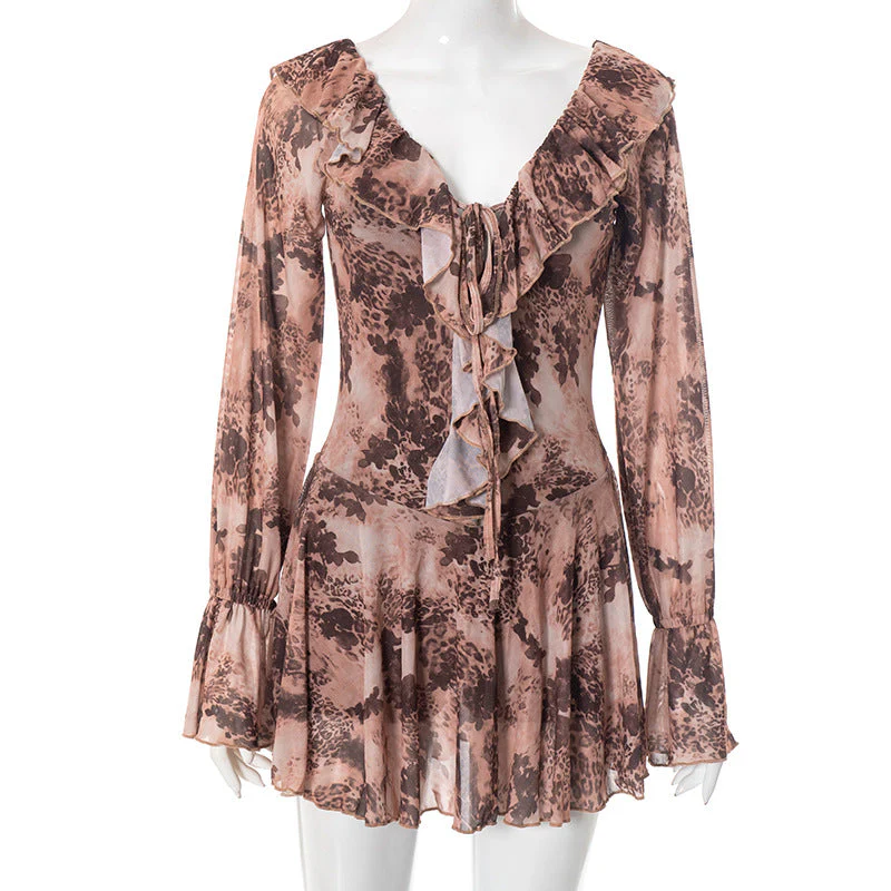 Long flared sleeve ruffle lace up print mini dress - Image 2