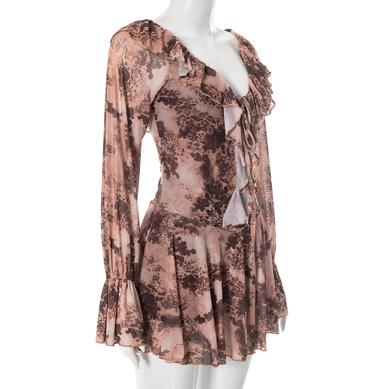 Long flared sleeve ruffle lace up print mini dress - Image 3