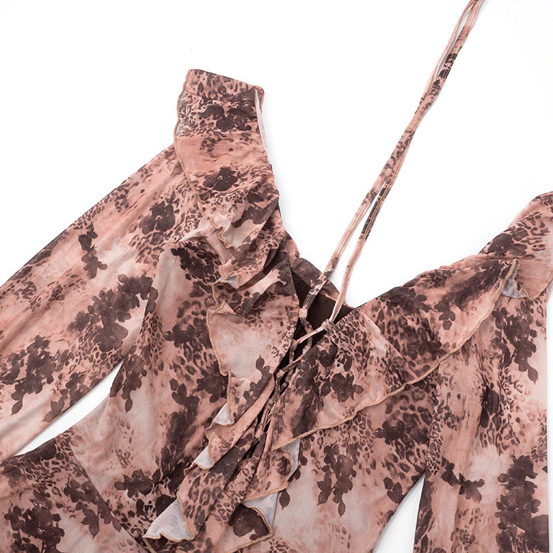 Long flared sleeve ruffle lace up print mini dress - Image 5