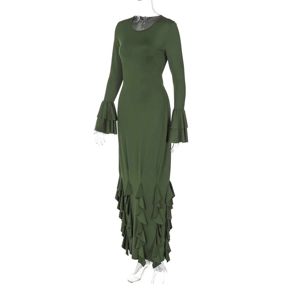 Long flared sleeve crewneck ruffle self tie maxi dress - Image 5