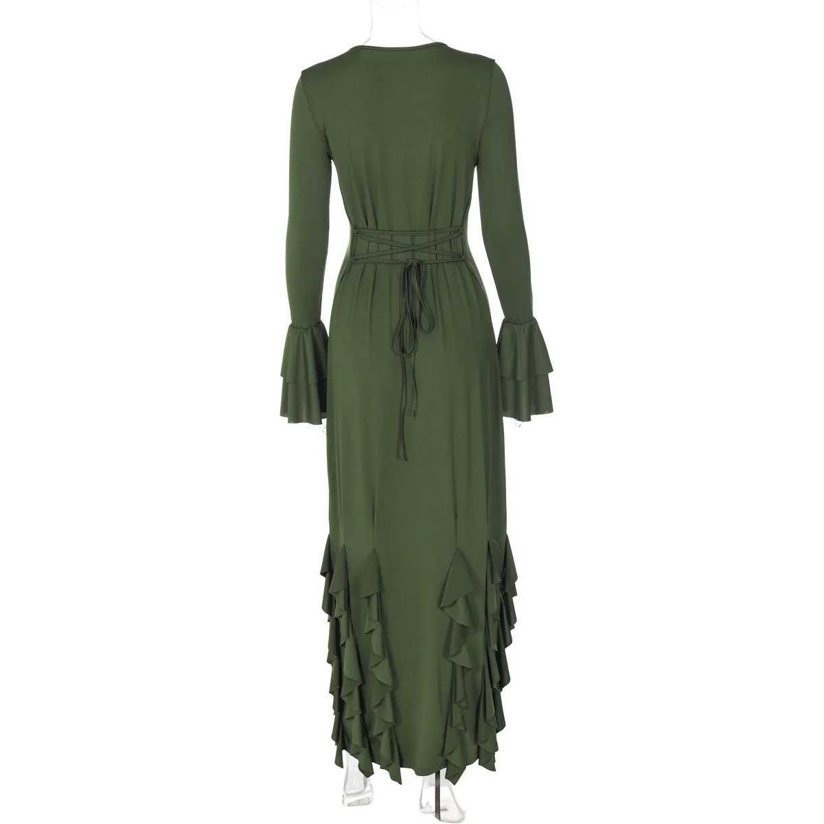Long flared sleeve crewneck ruffle self tie maxi dress - Image 6