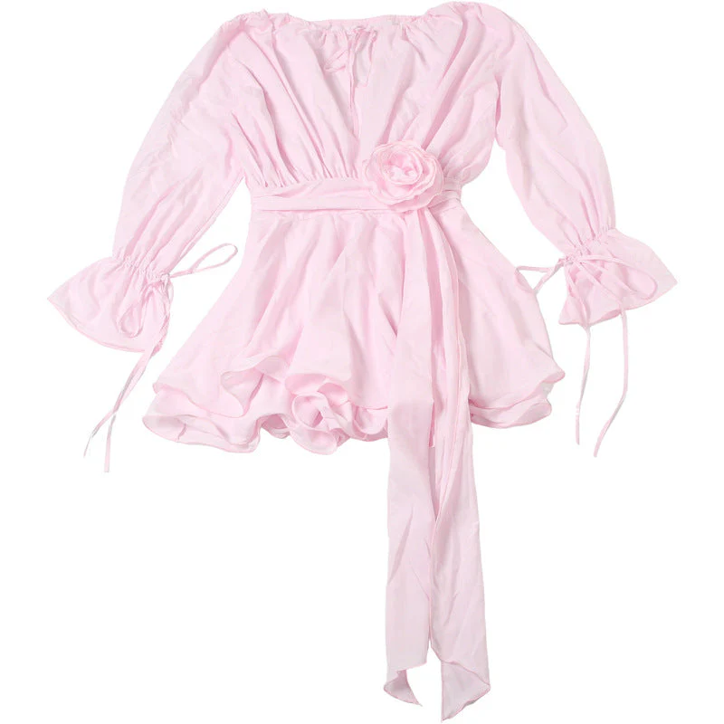 Long flared sleeve flower applique ruched ruffle mini dress - Image 6