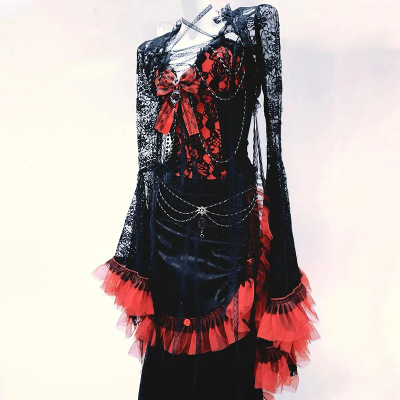 Long flared sleeve lace bowknot pleated maxi dress - Image 3