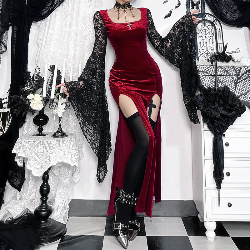 Long flared sleeve lace square neck slit midi dress - Image 3