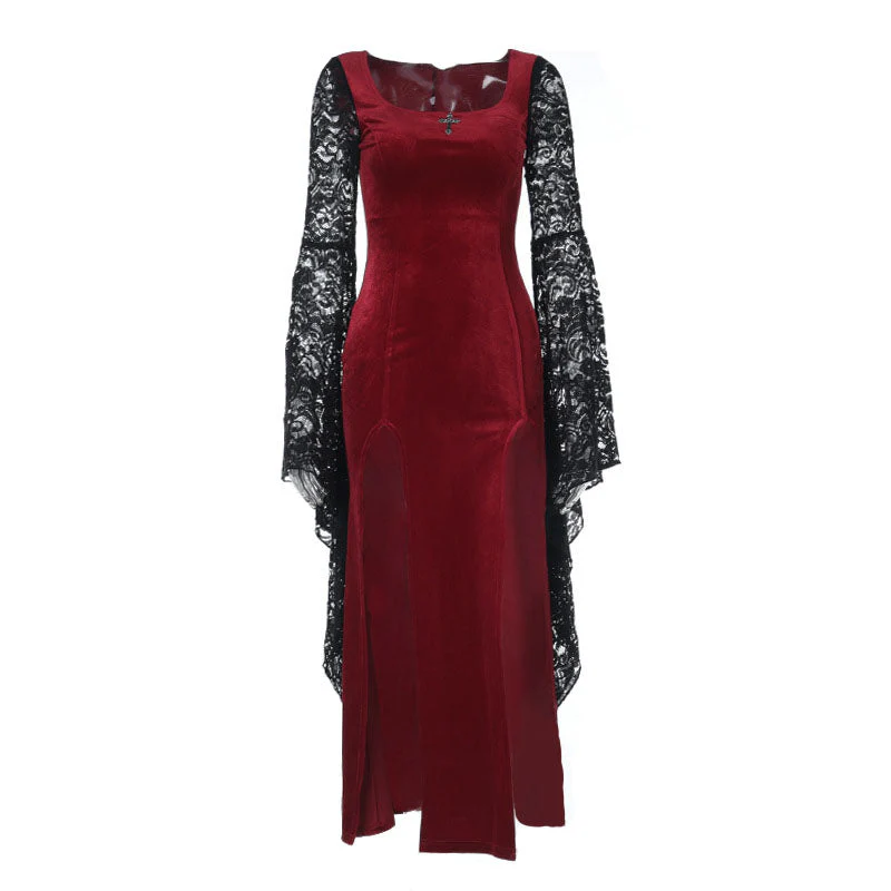 Long flared sleeve lace square neck slit midi dress - Image 4