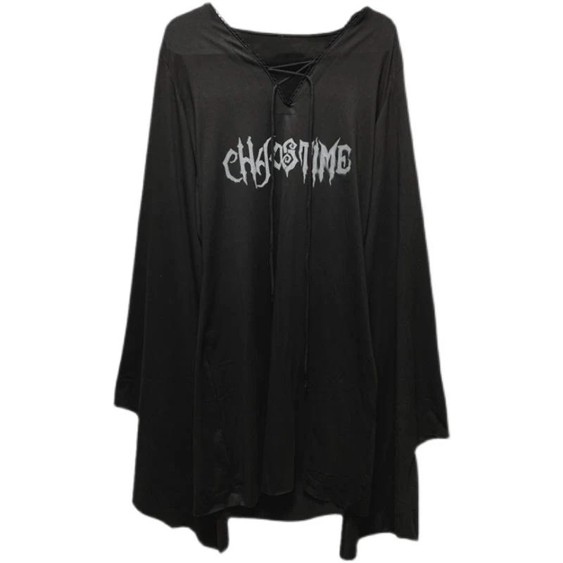 Long flared sleeve lace up letter pattern v neck mini dress - Image 4
