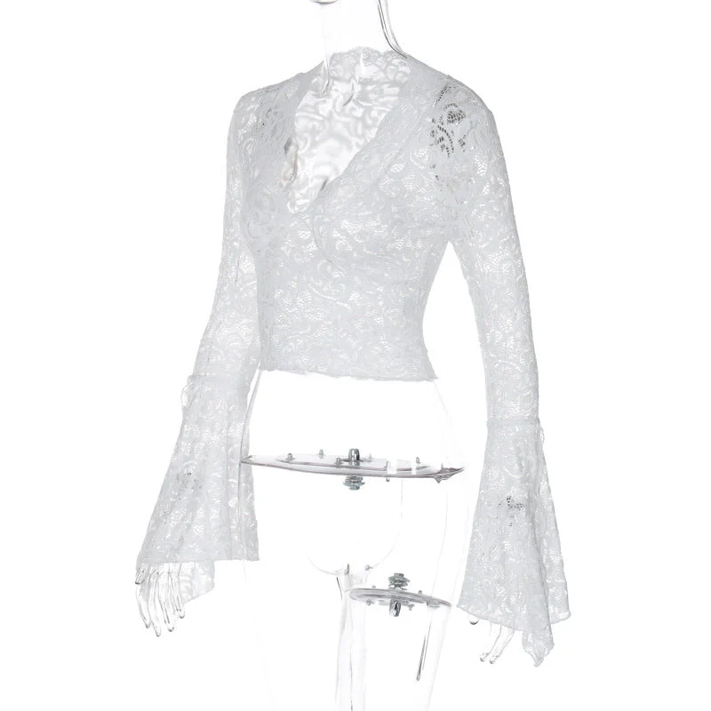 Long flared sleeve lace v neck see through top - Image 6