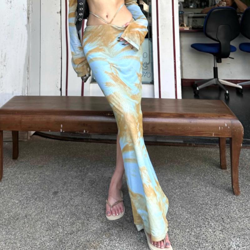 Long flared sleeve mesh tie dye crop maxi skirt set - Image 3