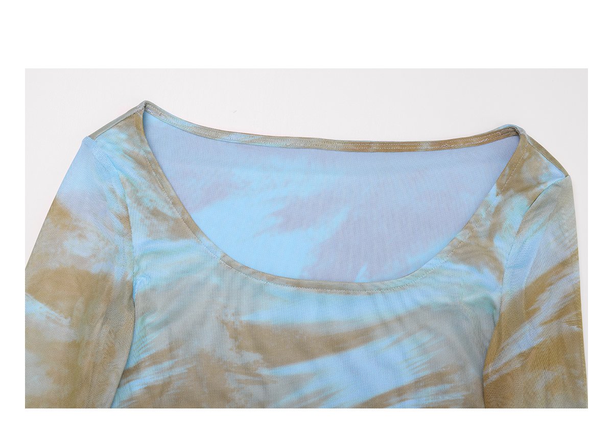 Long flared sleeve mesh tie dye crop maxi skirt set - Image 4