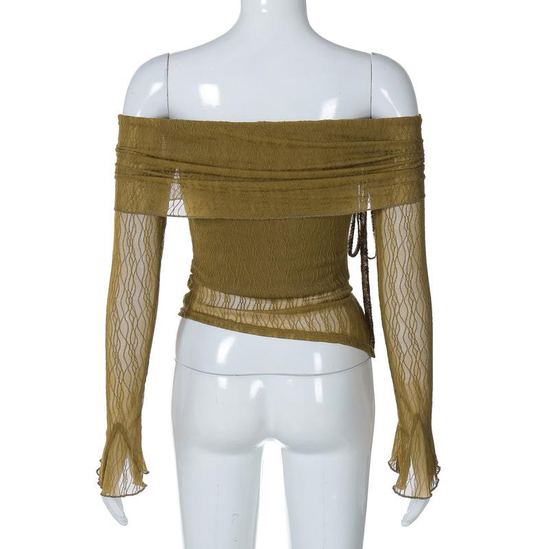 Long flared sleeve off shoulder drawstring ruched mesh top - Image 4