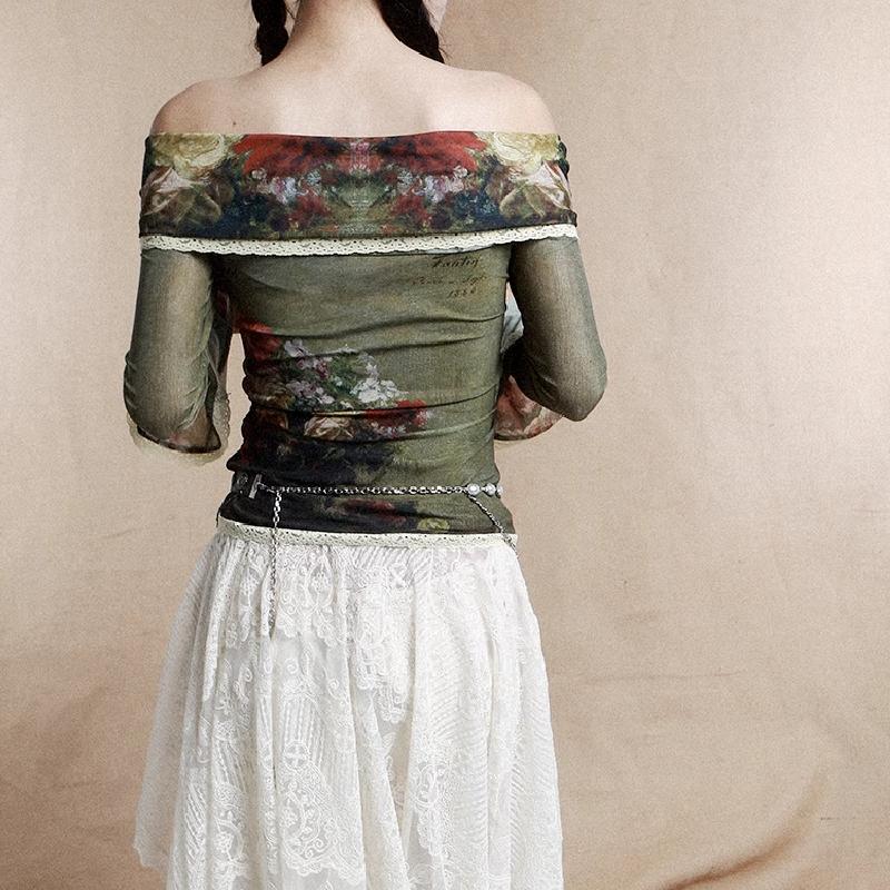 Long flared sleeve off shoulder lace hem flower print top - Image 3