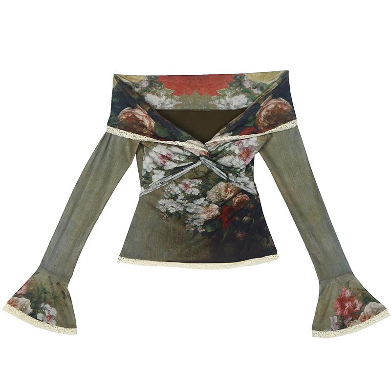 Long flared sleeve off shoulder lace hem flower print top - Image 4