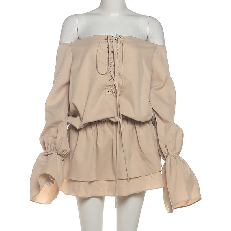 Long flared sleeve off shoulder lace up mini dress - Image 3