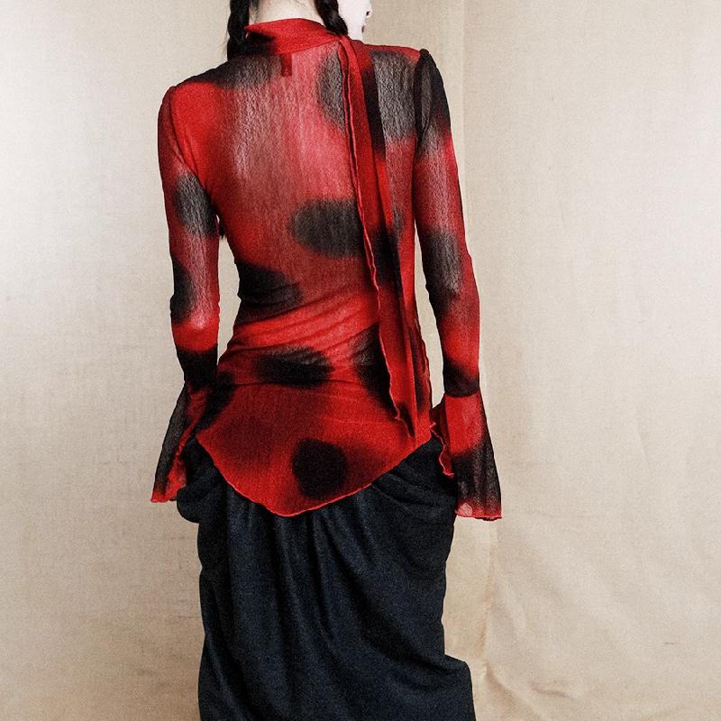 Long flared sleeve ruffle deep V neck mesh print top - Image 3