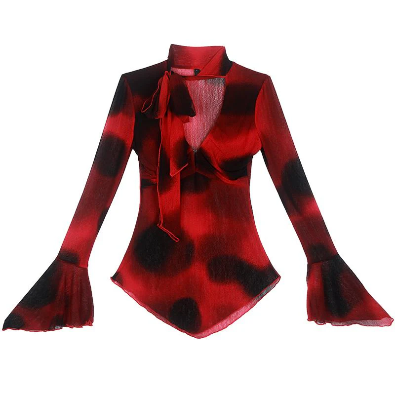 Long flared sleeve ruffle deep V neck mesh print top - Image 4