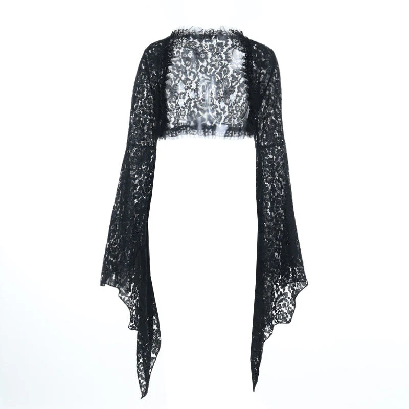 Long flared sleeve ruffle hollow out shrug top