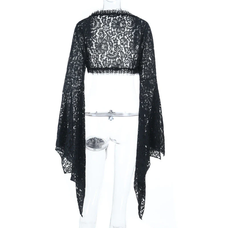 Long flared sleeve ruffle hollow out shrug top - Image 3