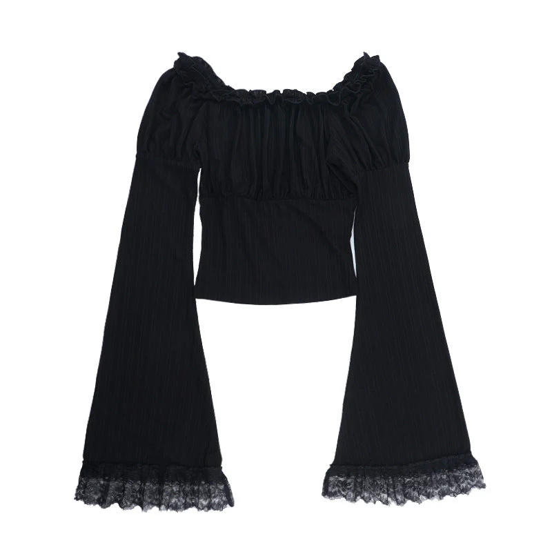 Long flared sleeve ruffle lace hem top - Image 2