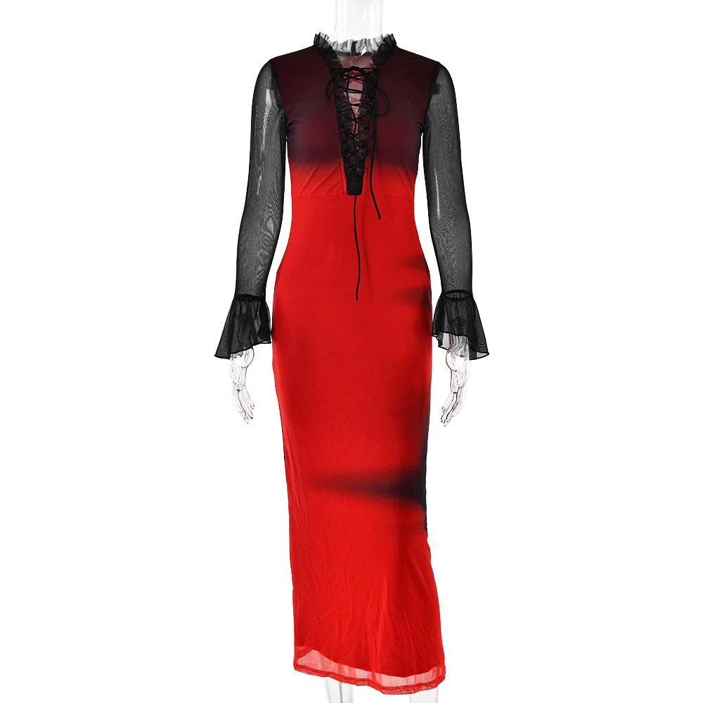 Long flared sleeve ruffle lace up mesh midi dress - Image 2