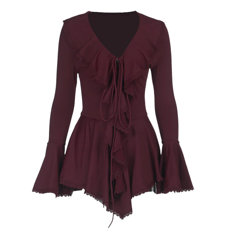 Long flared sleeve ruffle v neck self tie mini dress