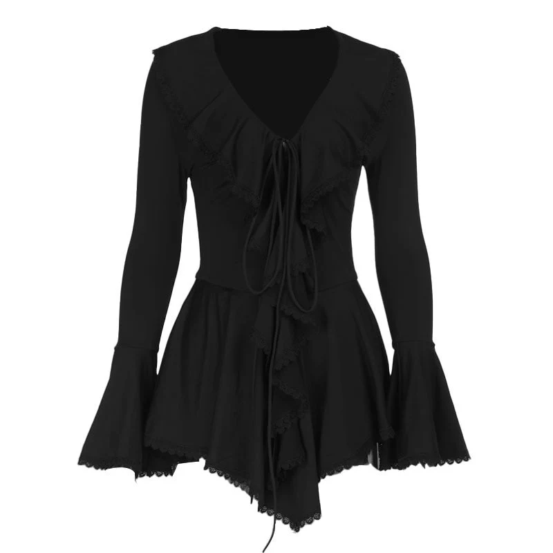 Long flared sleeve ruffle v neck self tie mini dress - Image 2