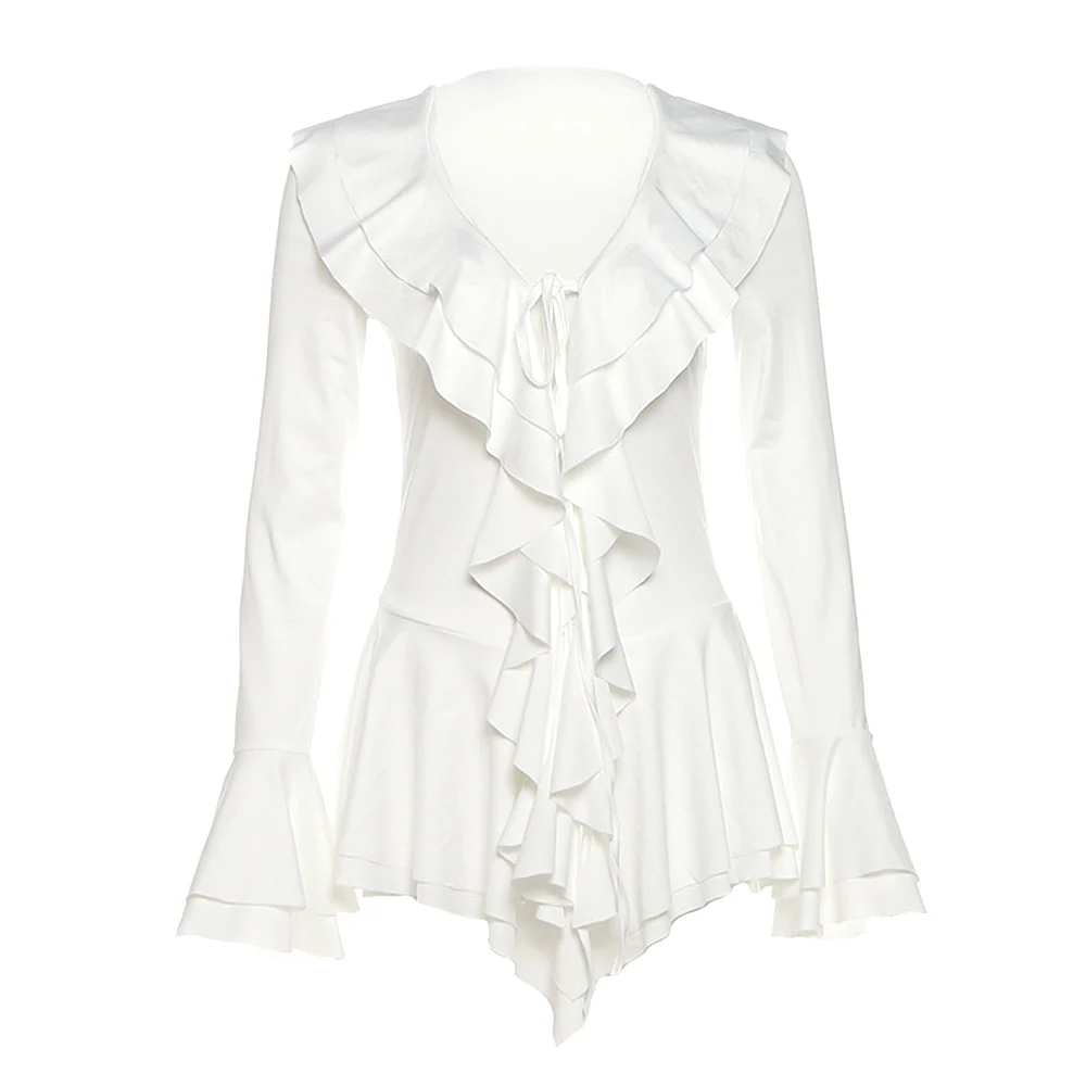Long flared sleeve ruffle v neck self tie mini dress
