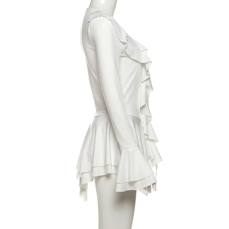Long flared sleeve ruffle v neck self tie mini dress - Image 3