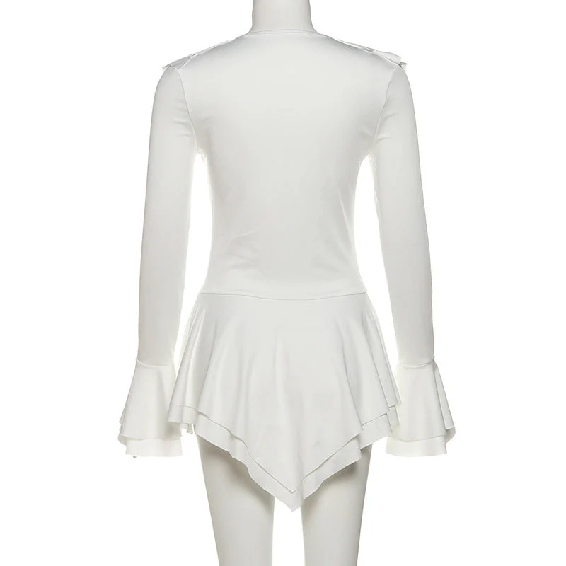 Long flared sleeve ruffle v neck self tie mini dress - Image 4