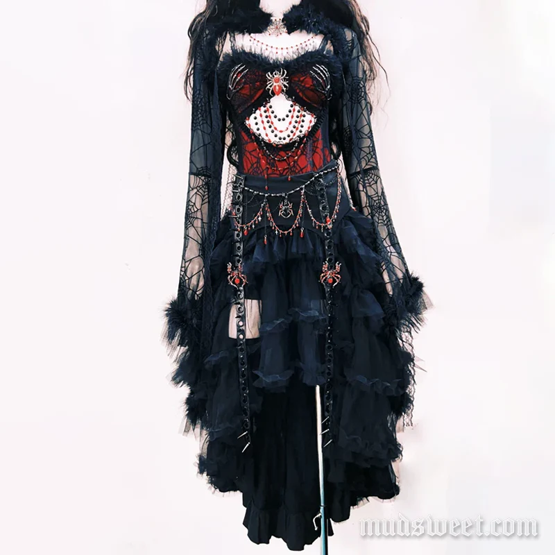 Long sleeve beaded spider applique midi skirt set