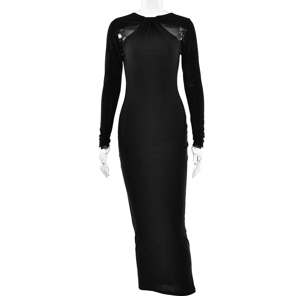 Long sleeve beaded zip-up hollow out patchwork maxi dress - Image 2