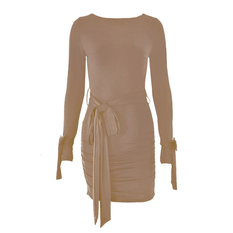 Long sleeve bowknot ruched knotted mini dress - Image 2