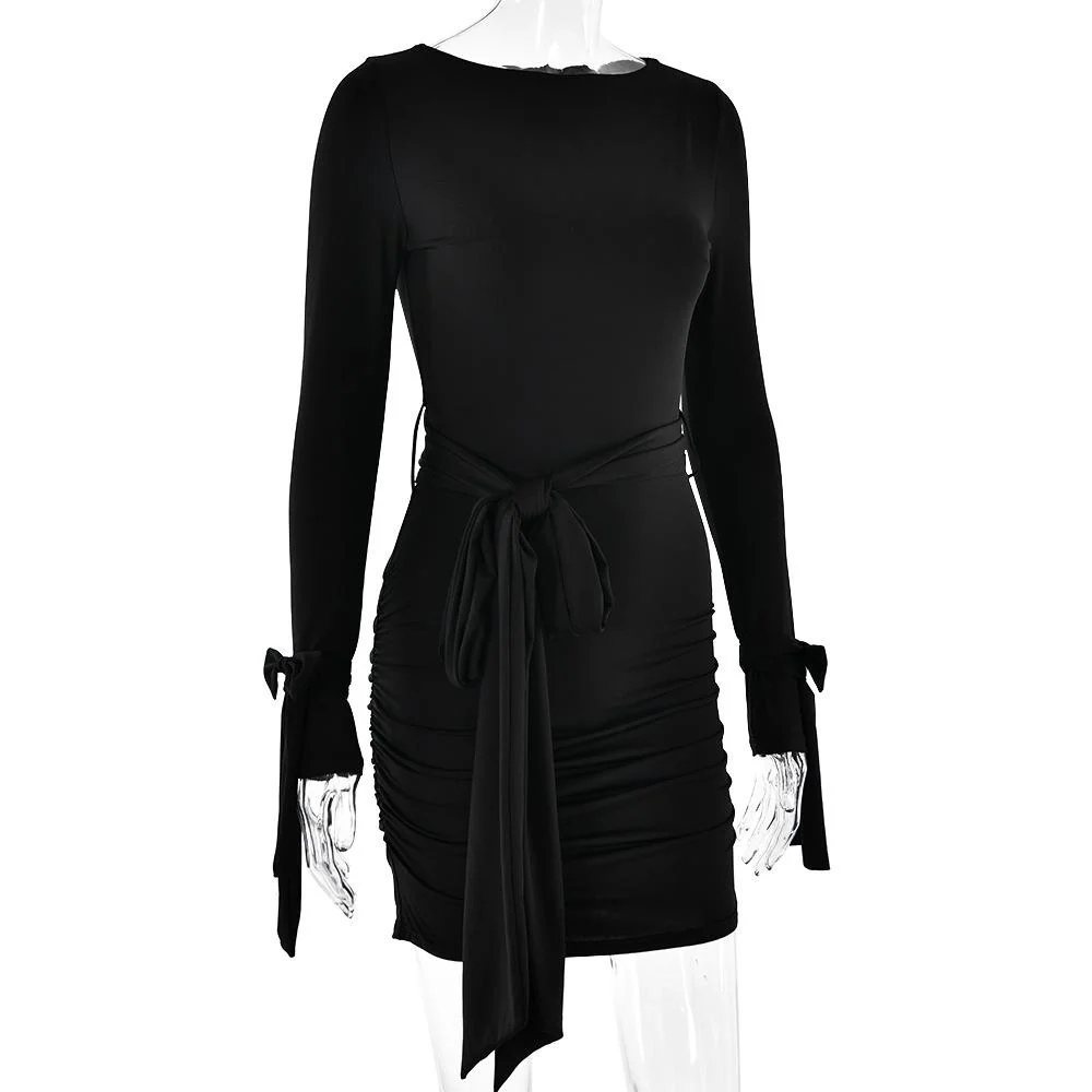 Long sleeve bowknot ruched knotted mini dress - Image 6