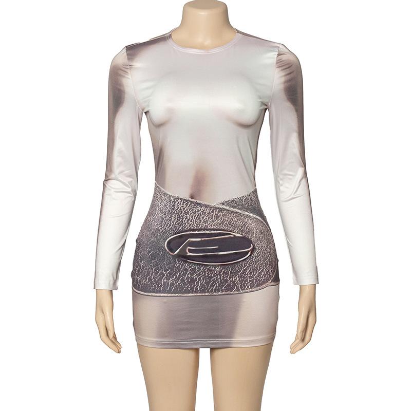 Long sleeve crewneck body print contrast mini dress - Image 2