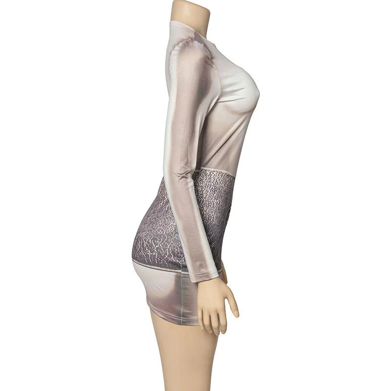 Long sleeve crewneck body print contrast mini dress - Image 3