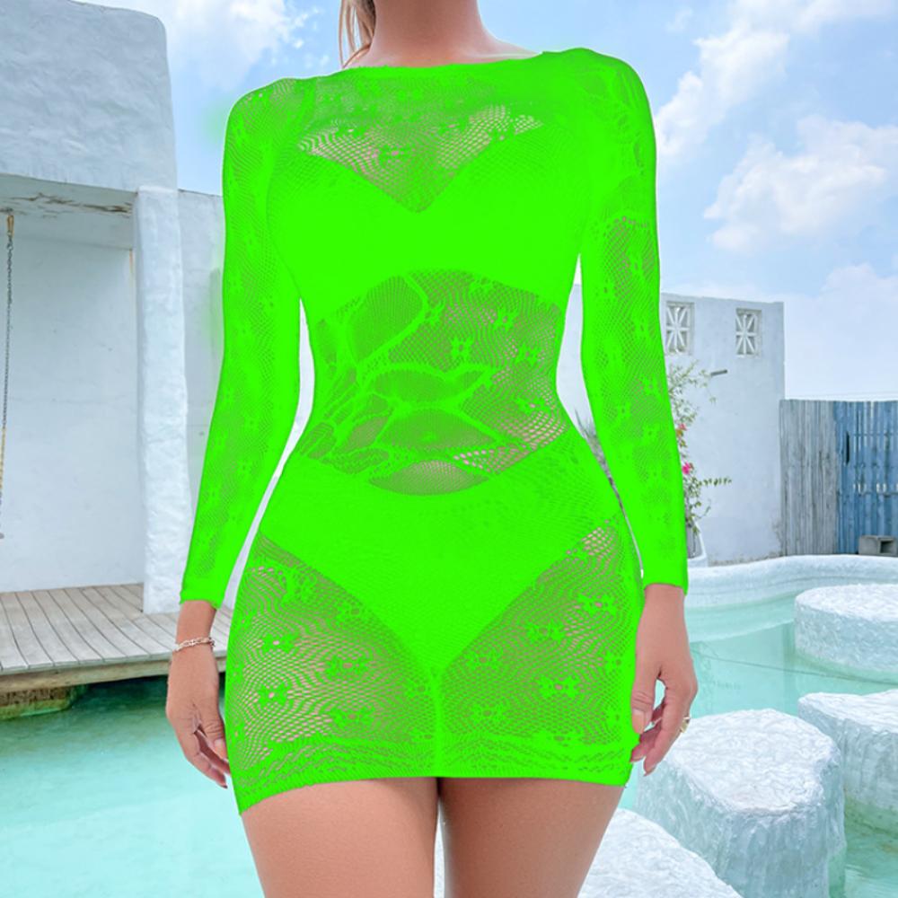 Long sleeve crewneck fishnet pattern mini dress - Image 16