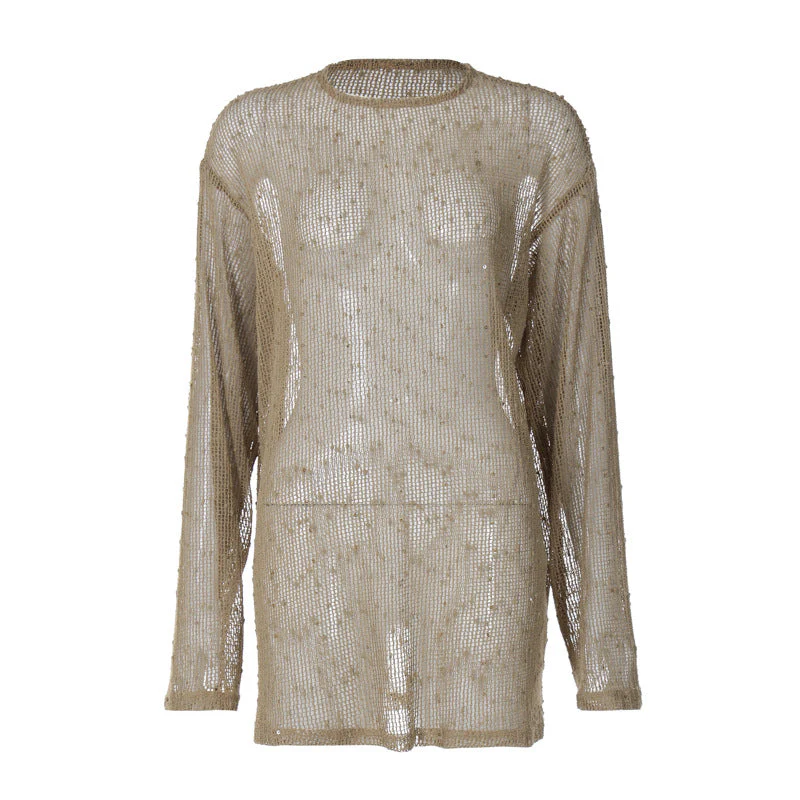 Long sleeve crewneck hollow out see through top